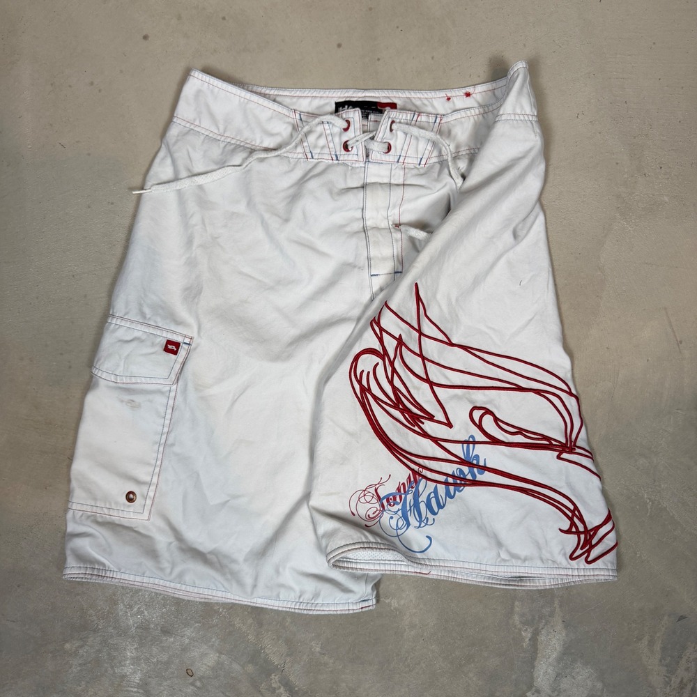 Vintage Tony Hawk White Graphic Board Shorts Size 32 Skate Cargo Swim Trunks